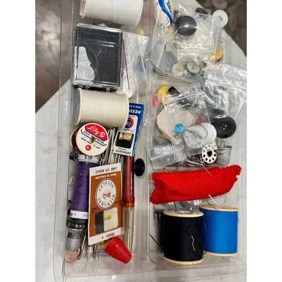 Vintage Sewing Basket Kit Wicker Box w Supplies Needles Thread Buttons Crochet - Picture 9 of 10